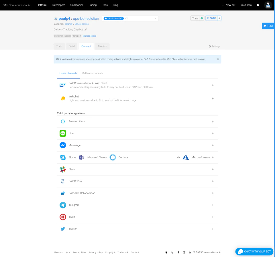 screenshot of SAP Conversational AI